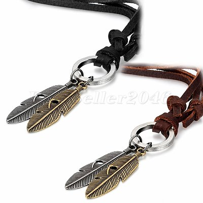 #ad Men Women Double Feather Pendant Leather Necklace w Adjustable Chain