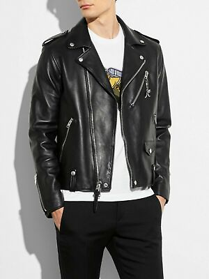 Mens Fashion 90s Leather Jacket Vintage Leather Solid Biker Motorcycle Jacket L