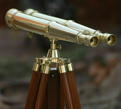 Nautical Brass 18quot; Binocular Leather Antique Telescope With Floor Tripod Stand
