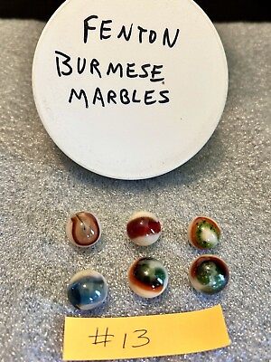 #ad 6 Fenton Burmese Uranium Glass Marbles Red Green Orange Brown Blue Swirl LOT #13