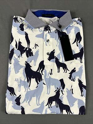 #ad Greyson Golf Shirt Polo The Shadows Wolf Print Large Arctic White NWT MSRP $118