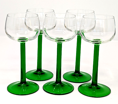 #ad #ad Set of 5 Vintage Luminarc Green Stem Wine Glasses 6.5quot; tall 2.5quot; Wide EUC