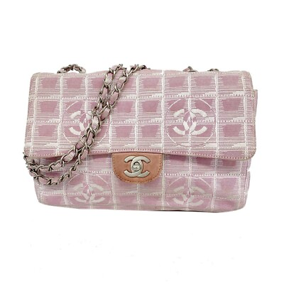 #ad CHANEL New Travel Chocolate Bar Double Chain Shoulder Bag Nylon Pink
