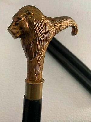 #ad Vintage Antique Brass Lion Head Handle Victorian Wooden Walking Stick Solid Cane