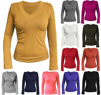 #ad Basic Women#x27;s Cotton Deep V Neck Long Sleeve T Shirt Top