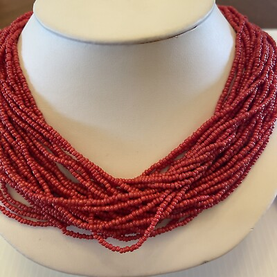 #ad C.O. amp; Co. Vintage Red 30 Strand Glass Seed Bead Necklace Adjustable To 24”