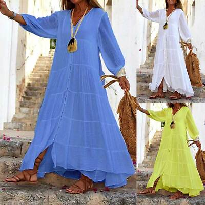 Womens Cotton Linen Boho Maxi Dress Ladies Long Sleeve Loose Smock Sundress US