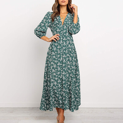 #ad Autumn Womens Floral Print Party Maxi Dress Long Sleeve V Neck Pullover Dress US