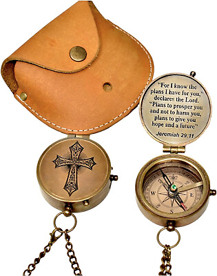 #ad Antique for i Know Enrgraved Compass With Case Handcrafted Unique Religious Gift