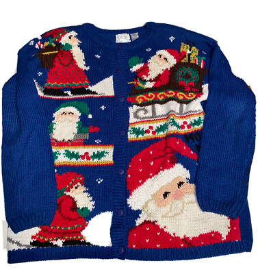 #ad Vintage Ashley Hand Knit Santa Claus Christmas Cardigan Sweater Size XL EUC