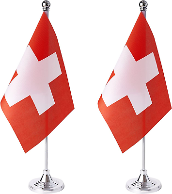 2 Pack Switzerland Flag Swiss Table Flag Small Mini Swiss Desk Flags with Stand