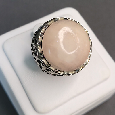 #ad Silver Tone Round Rose Quartz Stone Chunky Gothic Banded Ring Size 6 1 4