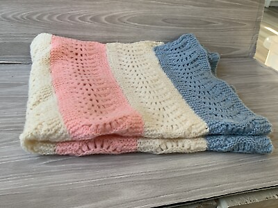 #ad Vintage Hand Knit Baby blanket Aphgan pastel stripe 30” X 30”