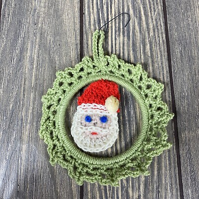 #ad Vintage Handmade Crochet Knit Santa Claus Head With Green Frame Ornament 5.5”