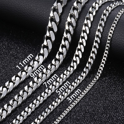 16 36quot; Stainless Steel Silver Chain Cuban Curb Womens Mens Necklace 3 5 7 9 11mm