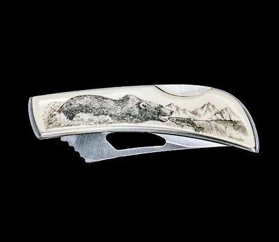 #ad Scrimshaw Bear and Fish Design Stainless Steel Silver Hawk Pocket Knife