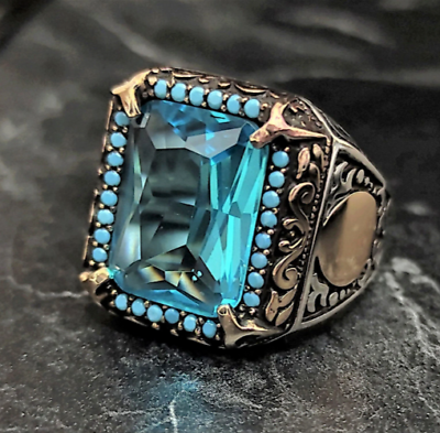 #ad Men Silver Aquamarine Stone Ring Sky Blue Aquamarine Gemstone Ring Vintage