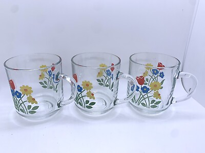 Vintage Luminarc Glass Coffee Cup Mug Flowers Rare Retro 1970#x27;s France Set Of 3
