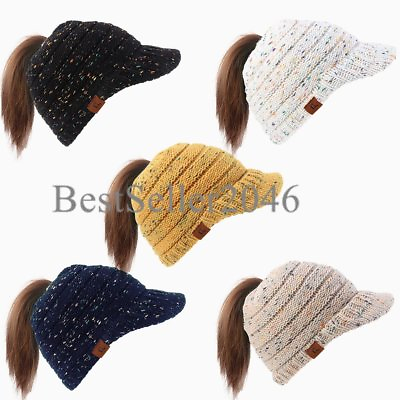 #ad Women Warm Visor Beanie Tail Cap Ponytail Soft Stretch High Bun Cable Knit Hat