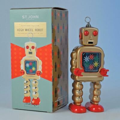#ad HIGH WHEEL ROBOT 5quot; Saint John Wind Up Tin Toy Collectible Retro Outer Space St.