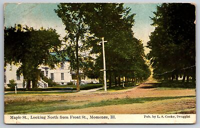 #ad Momence Illinois Maple St North From Front Street Druggist Cooke c1915 Postcard