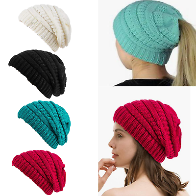 #ad Winter Hat for Women Ponytail Beanie Soft Stretch Cable Knit Messy High Bun Hat