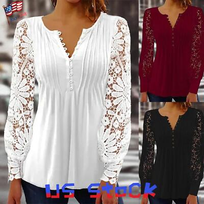 #ad Womens Lace V Neck Tops T Shirts Ladies Long Sleeve Casual Party Tunic Blouse US