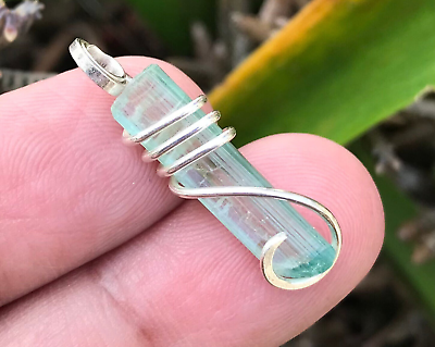 #ad 10.20 TCW Natural Blue Mix Color Tourmaline Crystal Sterling Silver Wire Wrap