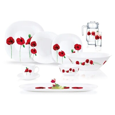 #ad 46 pc Luminarc Carine Single Poppy Dinner Set Tempered Glass Tableware Set
