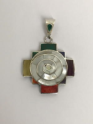 #ad 950 Silver Inca Mother of Pearl Cross with Inlaid Stone amp; Shell Peruvian Pendant