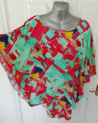 #ad Kaleidoscope Size 16 Blue Red Yellow Pink Multi Batwing Lagenlook Blouse Top