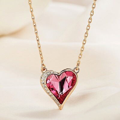 18K Rose Gold Filled Made With SWAROVSKI Crystal Pink Charming Heart Necklace