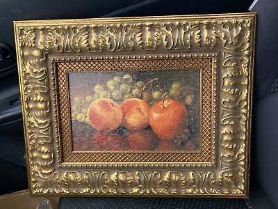 #ad Oil Painting Print Still Life Fruits w Stunning Gold Gilt Frame 20x18”