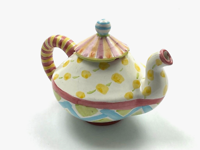 #ad MACKENZIE CHILDS Vintage Hand Painted Small Ceramic Teapot W Chipped Lid