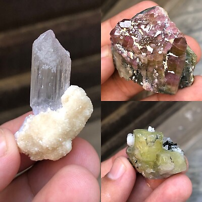 #ad Three specimen Lot Kunzite Tourmaline Apatite Gems Crystals Rock