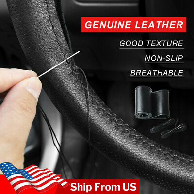 #ad 15quot;DIY Genuine Leather Car Steering Wheel Cover Needle Thread Anti slip Black US