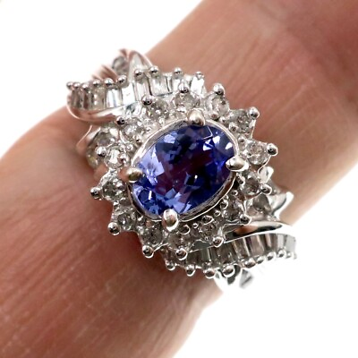#ad 14k Solid White Gold 2ct Natural Tanzanite Diamond Cocktail Ring Size 7