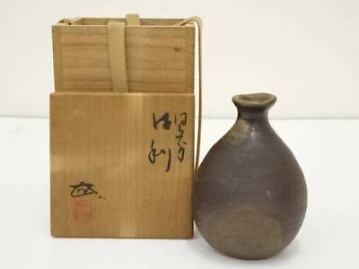 #ad Antique Bizen ware Zenji Uragami Sake bottle w Box Used in Japan