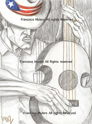 #ad Francisco Mulero Art Print Signed Puerto Rico Latin Guitar Player Early Mulero