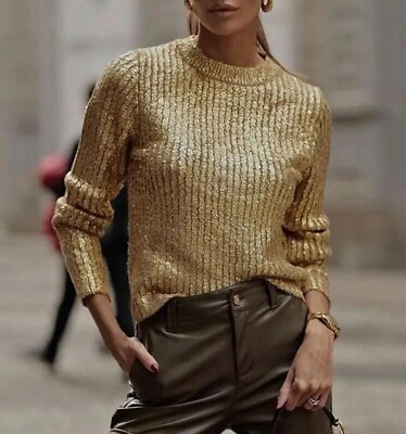 #ad #ad Woman New Metallic Crackled Knit Sweater Gold All Sizes trendy Winter 2023