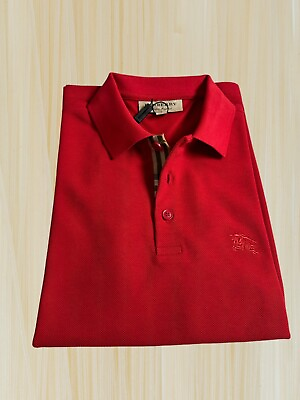 #ad Burberry Men#x27;s Check Short Sleeve Casual Polo Shirt Red Small