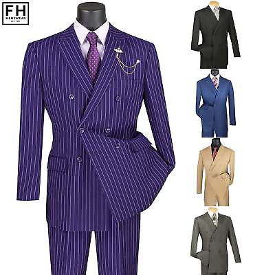 #ad VINCI Men#x27;s Gangster Pinstripe Double Breasted 6 Button Classic Fit Suit NEW