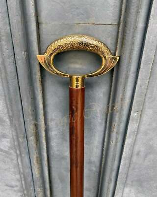 Antique Walking Stick With Imperial Design Brass Head Handle Vintage Wooden Cane