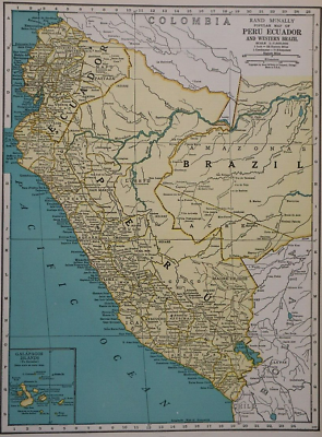 #ad Old 1944 Rand McNally Atlas Map PERU ECUADOR SOUTH AMERICA Free Samp;H