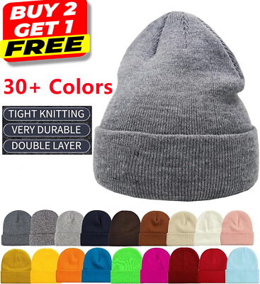 #ad Beanie Hat Cap Plain Knit Ski Skull Cuff Winter Warm Slouchy Men Women CF Unisex