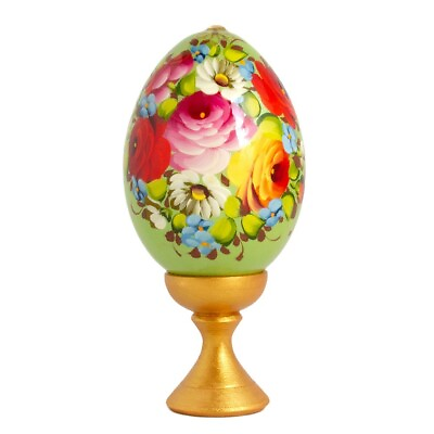 Green Zhostovo Wood Easter Egg on a Stand Painted by Hand 4.7 inch