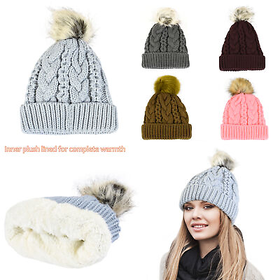 Beanie Cable POM POM Cap Solid Winter Hat Ski Skull Knit Slouchy Baggy Women