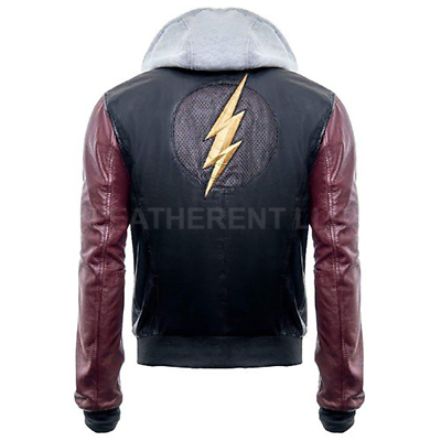 Mens Justice League The Flash Ezra Miller Biker Hooded Genuine Leather Jacket