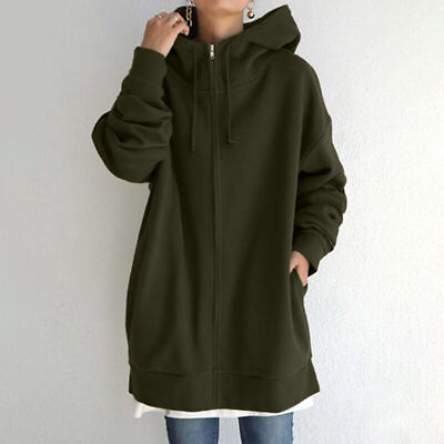 #ad Womens Hooded Neck Long Sleeve Sweatshirt Jacket Ladies Plain Hoodie Loose Coat