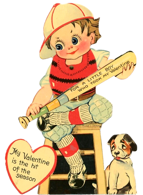 #ad Vtg Valentine Card Mechanical Boy Baseball Bat Player Catcher Hit Season 1930s